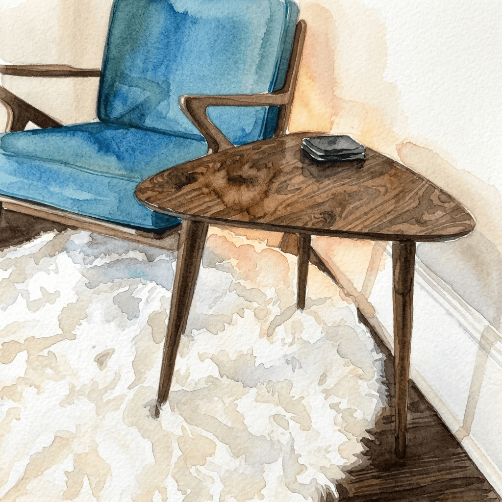 Watercolor rendering of custom mid-century modern walnut guitar pick end table built for a luxury home in Pasadena, CA.