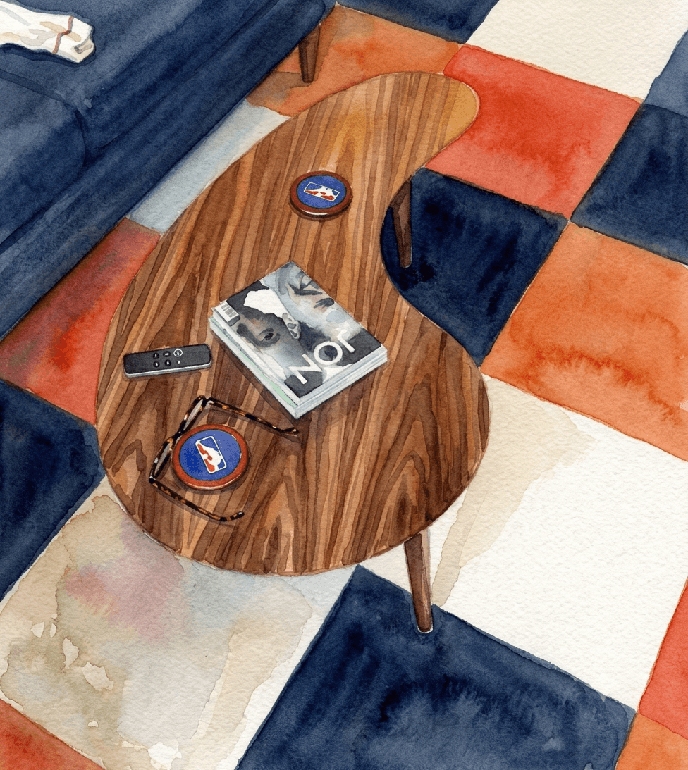 Watercolor illustration of a custom mid-century modern medium kidney bean coffee table in a luxury Newport Beach home