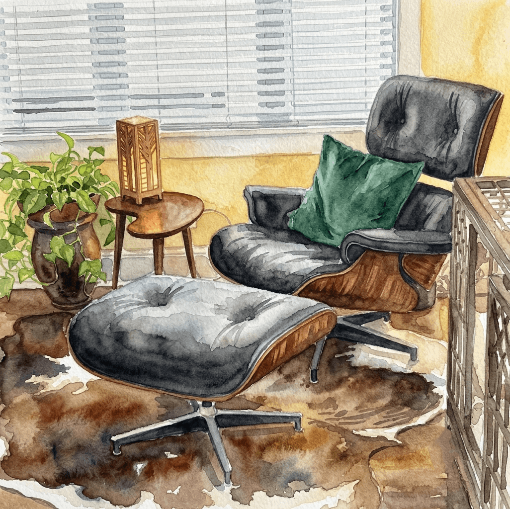 Watercolor illustration of a mid-century modern kidney bean side table crafted from hardwood, styled next to a classic Eames lounge chair and ottoman on a cowhide rug.