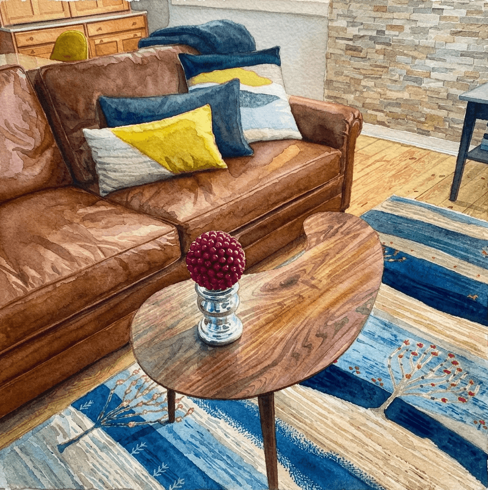 Watercolor illustration of a small kidney bean coffee table in custom walnut paired with a brown leather sofa in a Venice, CA home.