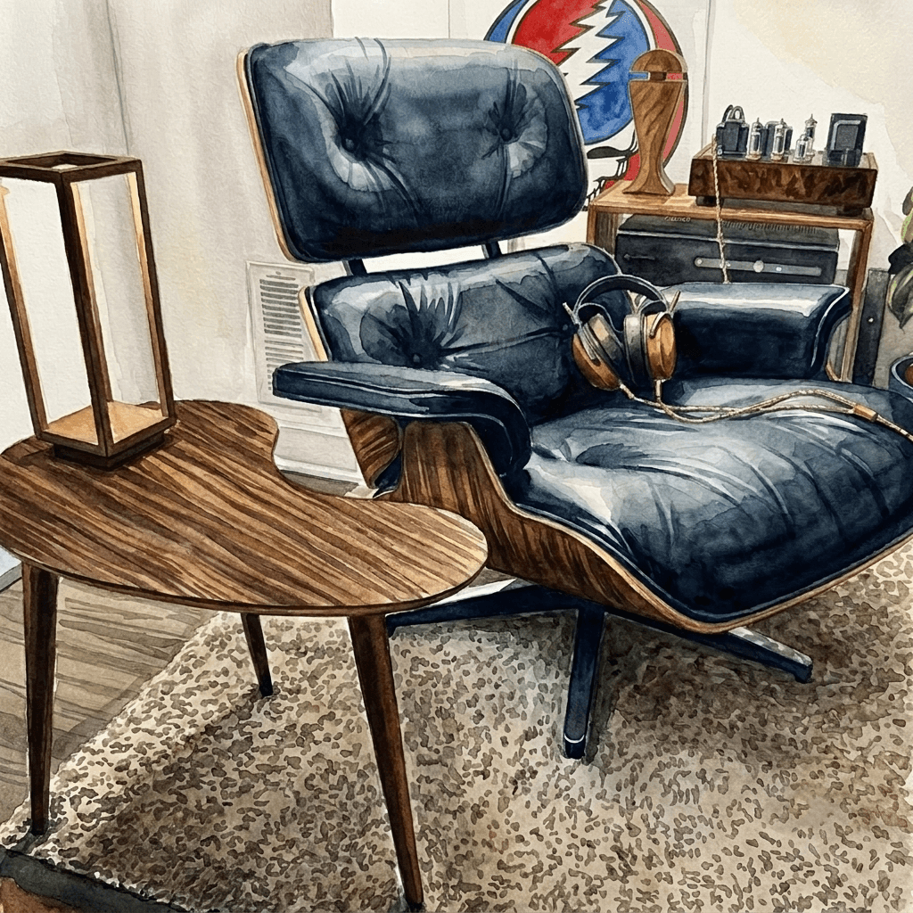 Watercolor rendering of a walnut XL kidney bean side table paired with a black leather Eames lounge chair in a Tribeca, NYC loft.